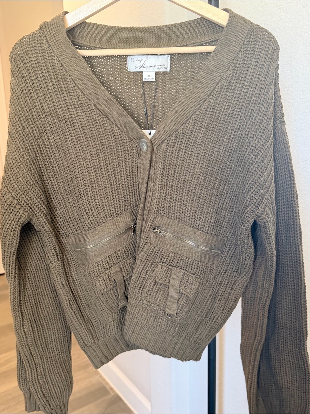 Vintage Havana Olive Chunky Waffle Knit Cardigan with Zip Pockets M